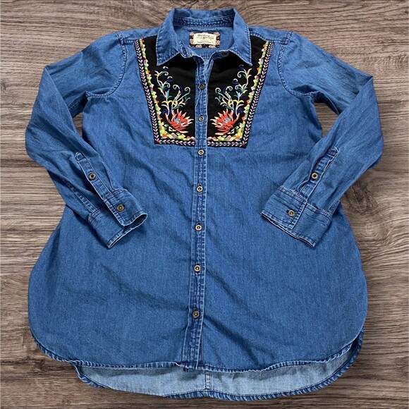 Holding Horses Women's 8 Anthropologie Embroidered Chambray Denim Tunic  Western - Picture 13 of 14